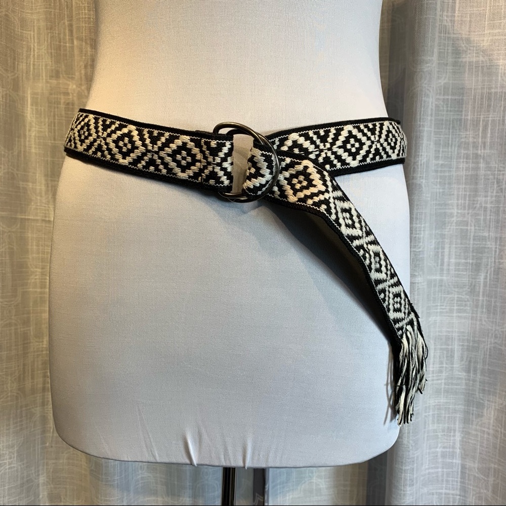 Boho Fringe Diamond Black/ White Adjustable woven belt; Women's size 18